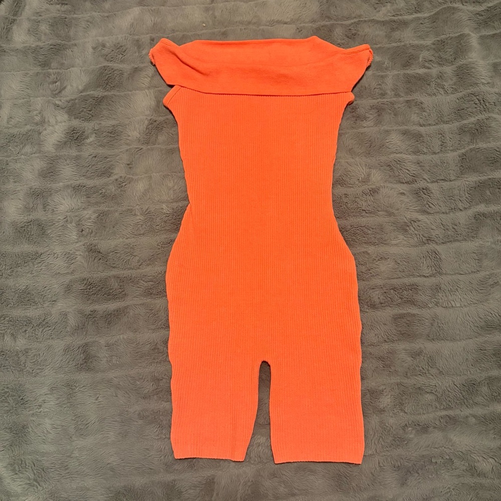 Fashion Nova Coral Ribbed Off-Shoulder Knit Romper